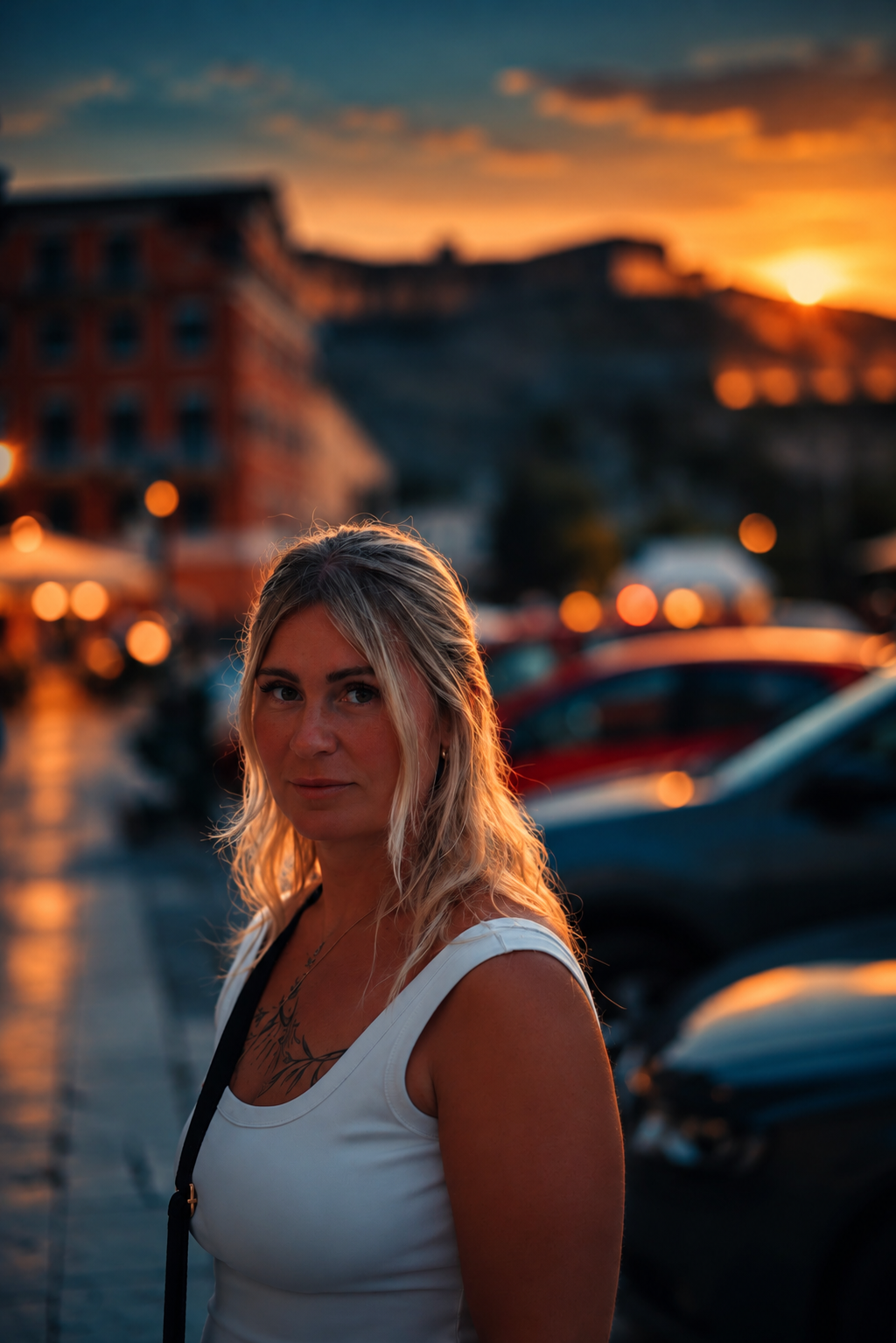 Porträt in der Stadt bei Sonnenuntergang